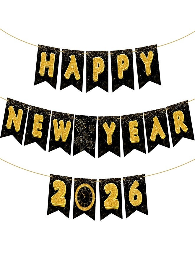 تاوباري لافتة "عام جديد سعيد 2026" من تاوباري، زينة لحفلات رأس السنة، حروف ذهبية لامعة، خلفية لافتة، ساعة، ألعاب نارية لتزيين ليلة رأس السنة (كلاسيكي) - Image 1